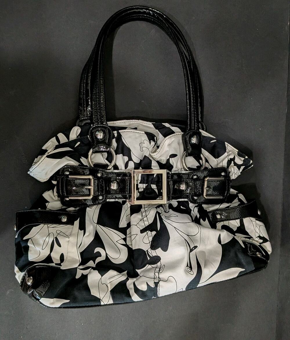 Vintage Wilsons Leather Purse Y2K Black White Floral Satchel Bag Heart Charm